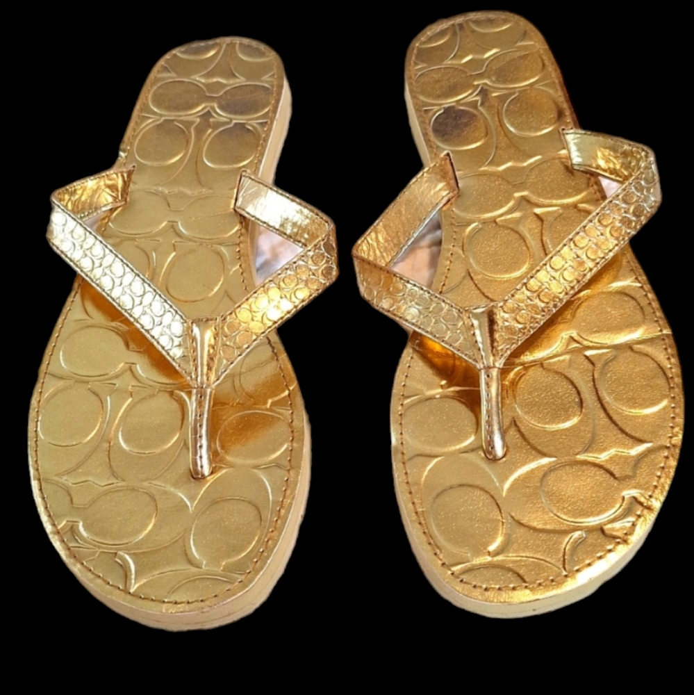 Size 7 Coach gold flip flops in excellent condition.
